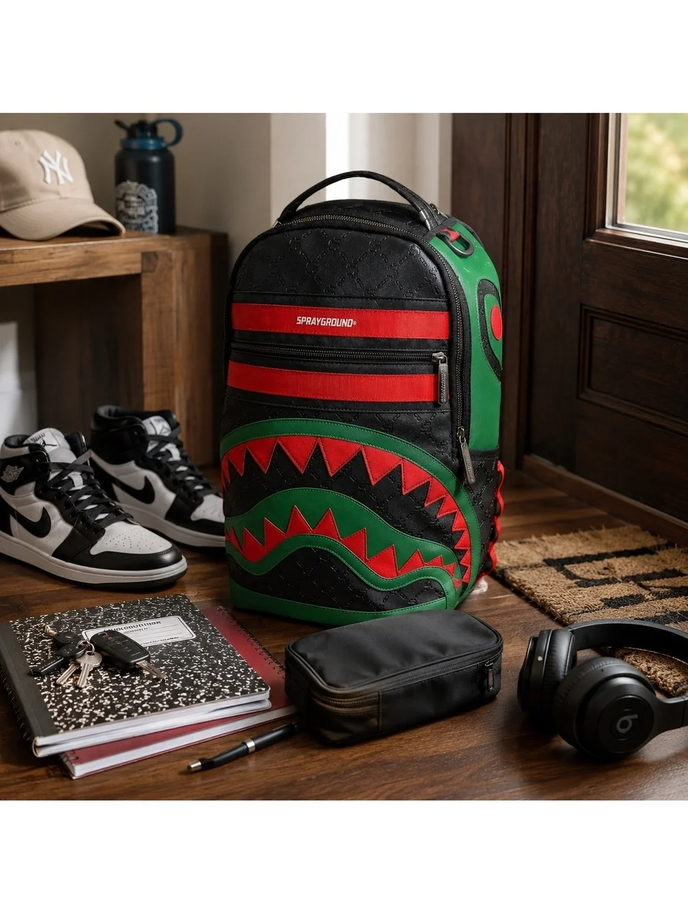 Sprayground Dinero Shark Backpack DLXV Limited Edition HTF Black Red Green